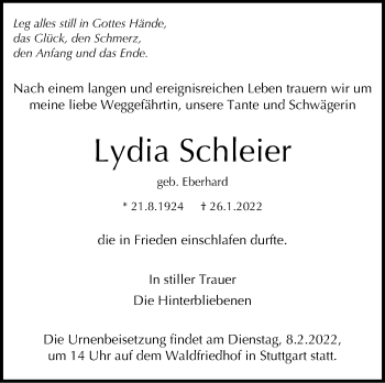 Traueranzeige von Lydia Schleier von Stuttgarter Zeitung / Stuttgarter Nachrichten