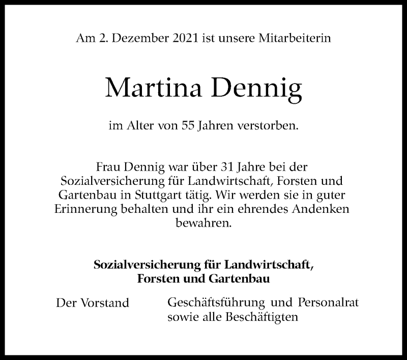  Traueranzeige für Martina Dennig vom 14.01.2022 aus Stuttgarter Zeitung / Stuttgarter Nachrichten