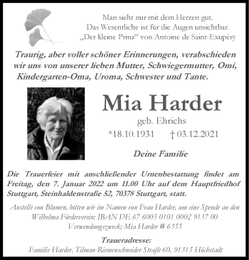 Traueranzeige von Mia Harder von Stuttgarter Zeitung / Stuttgarter Nachrichten