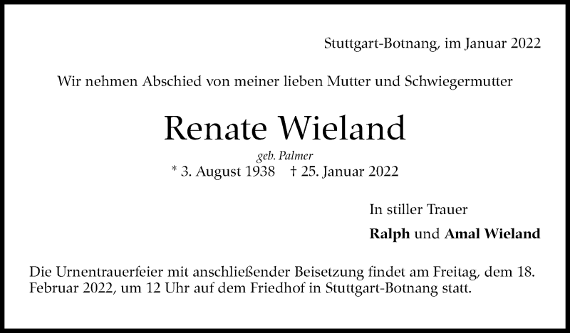  Traueranzeige für Renate Wieland vom 29.01.2022 aus Stuttgarter Zeitung / Stuttgarter Nachrichten