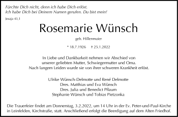 Traueranzeige von Rosemarie Wünsch von Stuttgarter Zeitung / Stuttgarter Nachrichten
