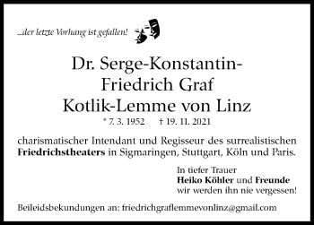 Traueranzeige von Serge-Konstantin-Friedrich Graf Kotlik-Lemme von Linz von Stuttgarter Zeitung / Stuttgarter Nachrichten