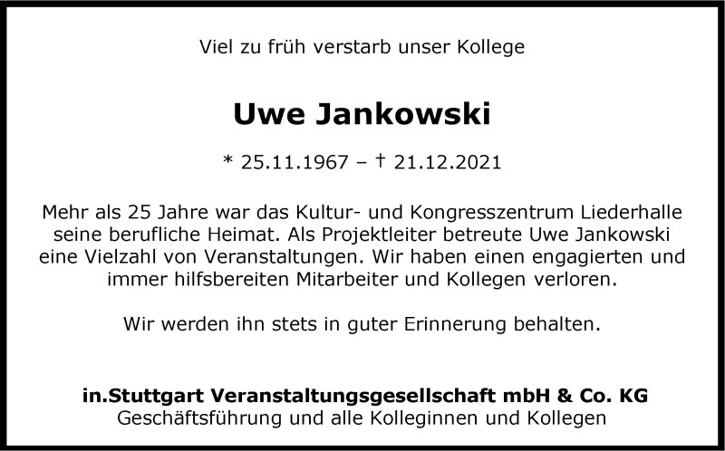  Traueranzeige für Uwe Jankowski vom 20.01.2022 aus Stuttgarter Zeitung / Stuttgarter Nachrichten