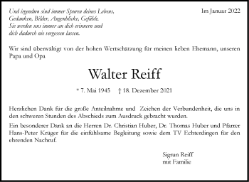 Traueranzeige von Walter Reiff von Stuttgarter Zeitung / Stuttgarter Nachrichten