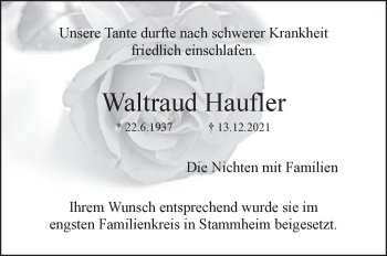 Traueranzeige von Waltraud Haufler von Stuttgarter Zeitung / Stuttgarter Nachrichten