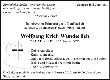 Traueranzeige von Wolfgang Erich Wunderlich von Stuttgarter Zeitung / Stuttgarter Nachrichten