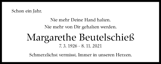 Traueranzeige von Margarethe Beutelschieß von Stuttgarter Zeitung / Stuttgarter Nachrichten