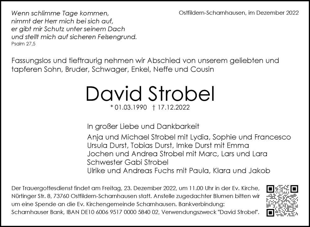 Traueranzeige für David Strobel vom 21.12.2022 aus Stuttgarter Zeitung / Stuttgarter Nachrichten