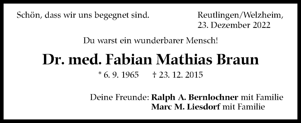  Traueranzeige für Fabian Mathias Braun vom 23.12.2022 aus Stuttgarter Zeitung / Stuttgarter Nachrichten
