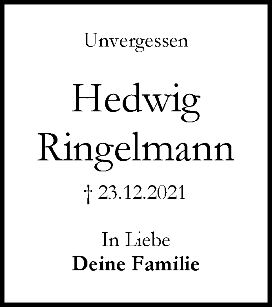 Traueranzeige von Hedwig Ringelmann von Stuttgarter Zeitung / Stuttgarter Nachrichten