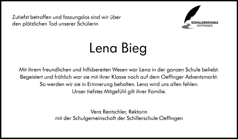  Traueranzeige für Lena Eva Bieg vom 09.12.2022 aus Stuttgarter Zeitung / Stuttgarter Nachrichten