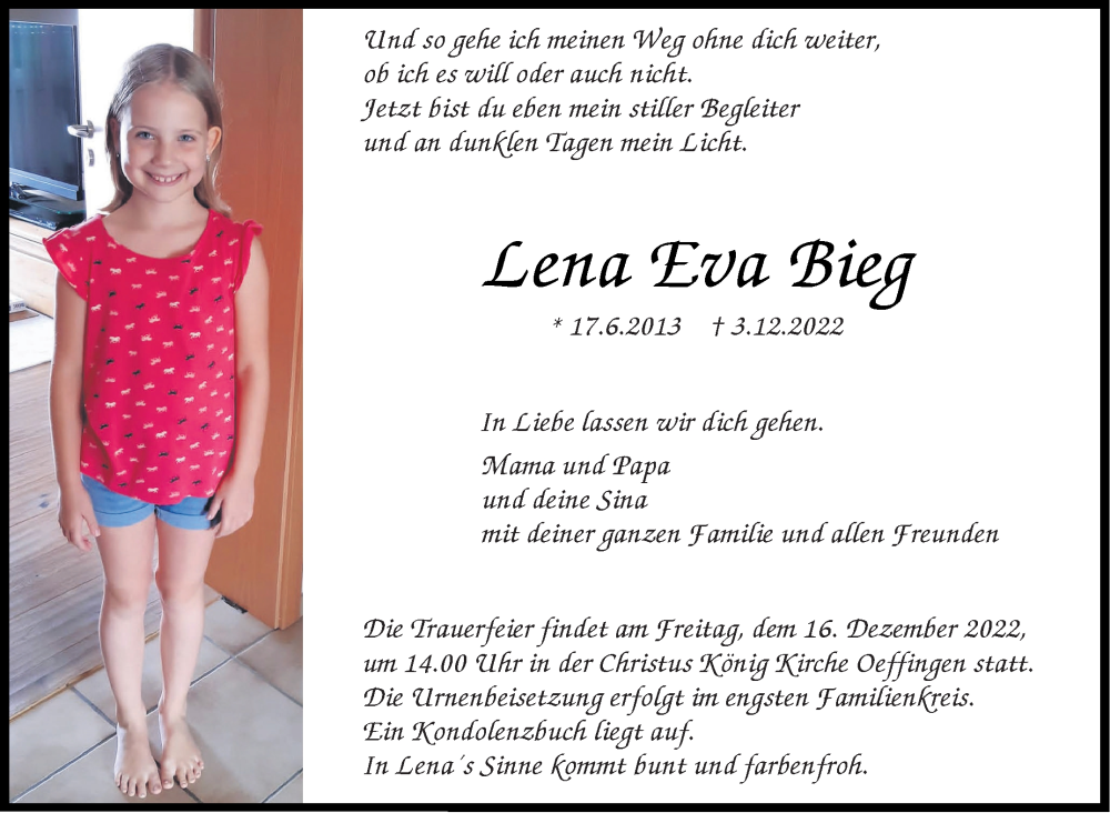  Traueranzeige für Lena Eva Bieg vom 09.12.2022 aus Stuttgarter Zeitung / Stuttgarter Nachrichten