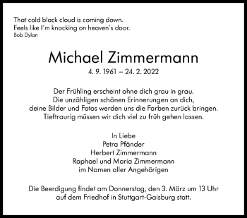 Traueranzeige von Michael Zimmermann von STUTTGARTER ZEITUNG / STUTTGARTER NACHRICHTEN