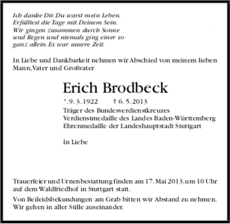  Traueranzeige für Erich Brodbeck vom 10.05.2013 aus Stuttgarter Zeitung / Stuttgarter Nachrichten
