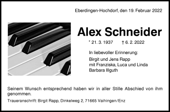 Traueranzeige von Alex Schneider von Stuttgarter Zeitung / Stuttgarter Nachrichten