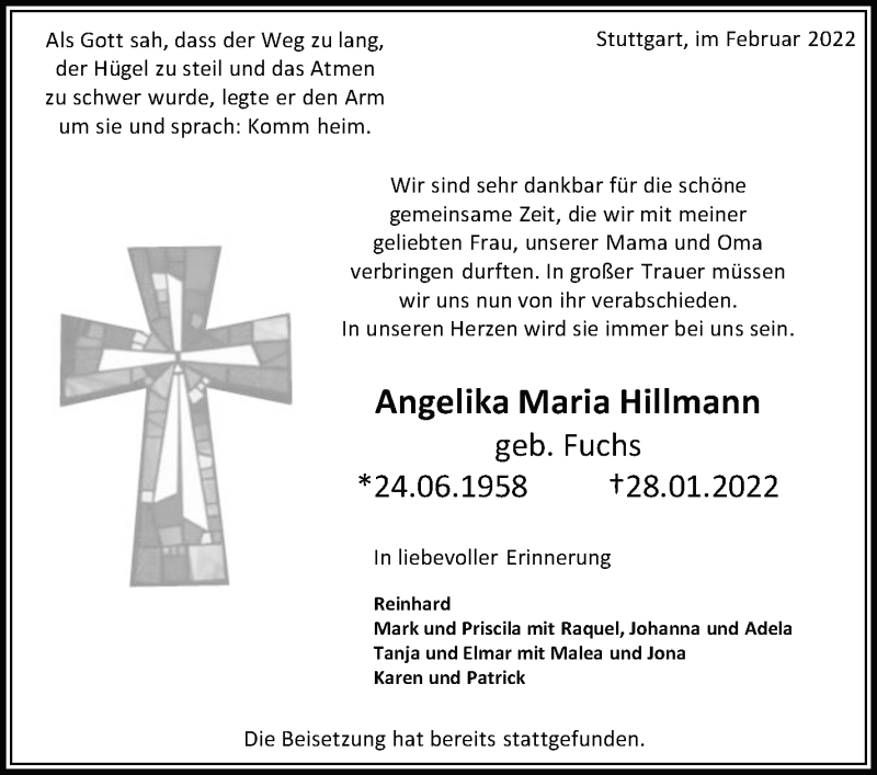  Traueranzeige für Angelika Maria Hillmann vom 05.02.2022 aus Stuttgarter Zeitung / Stuttgarter Nachrichten