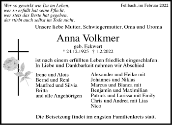 Traueranzeige von Anna Volkmer von Stuttgarter Zeitung / Stuttgarter Nachrichten
