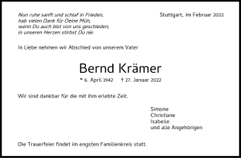 Traueranzeige von Bernd Krämer von Stuttgarter Zeitung / Stuttgarter Nachrichten