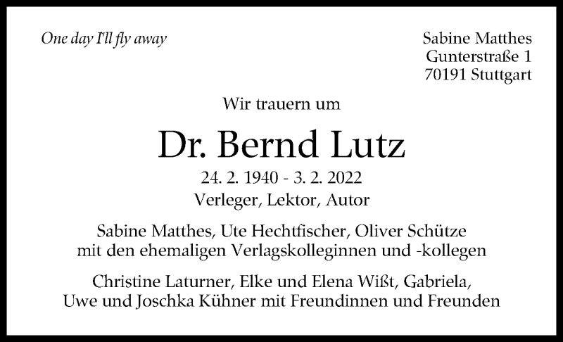  Traueranzeige für Bernd Lutz vom 26.02.2022 aus Stuttgarter Zeitung / Stuttgarter Nachrichten