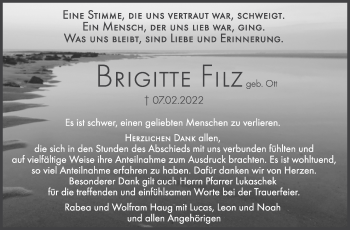 Traueranzeige von Brigitte Filz von Stuttgarter Zeitung / Stuttgarter Nachrichten