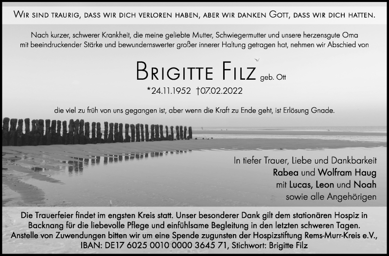  Traueranzeige für Brigitte Filz vom 12.02.2022 aus Stuttgarter Zeitung / Stuttgarter Nachrichten