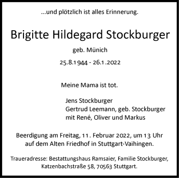 Traueranzeige von Brigitte Hildegard Stockburger von Stuttgarter Zeitung / Stuttgarter Nachrichten
