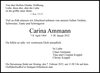 Traueranzeige von Carina Ammann von Stuttgarter Zeitung / Stuttgarter Nachrichten