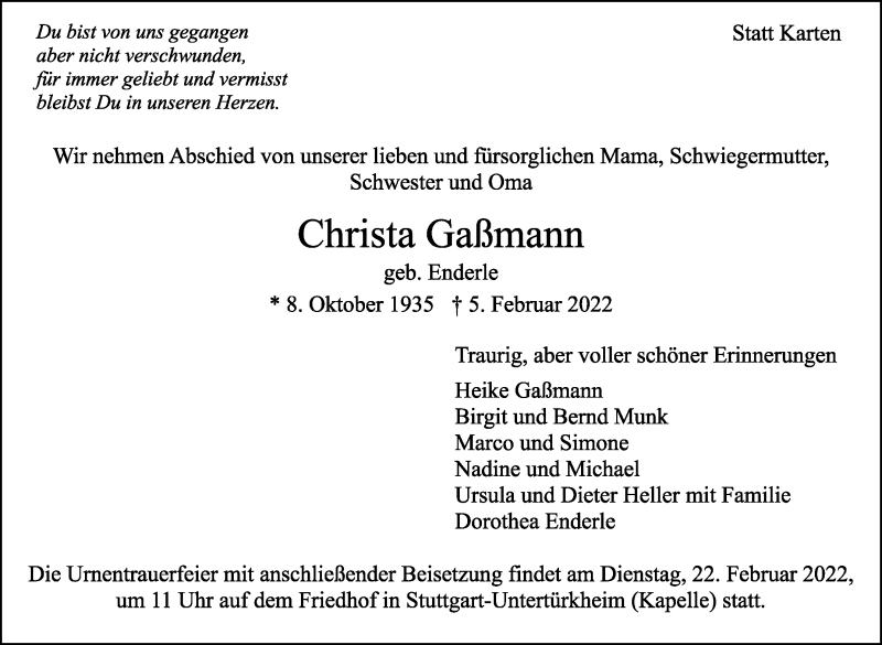  Traueranzeige für Christa Gaßmann vom 12.02.2022 aus Stuttgarter Zeitung / Stuttgarter Nachrichten