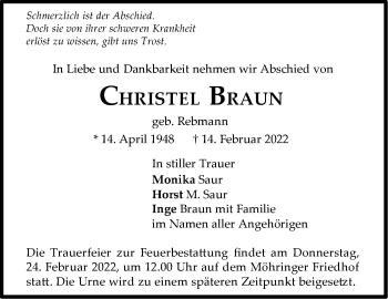 Traueranzeige von Christel Braun von Stuttgarter Zeitung / Stuttgarter Nachrichten