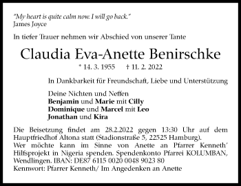 Traueranzeige von Claudia Eva-Anette Benirschke von Stuttgarter Zeitung / Stuttgarter Nachrichten