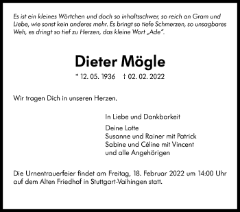 Traueranzeige von Dieter Mögle von Stuttgarter Zeitung / Stuttgarter Nachrichten