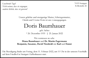Traueranzeige von Doris Baumhauer von Stuttgarter Zeitung / Stuttgarter Nachrichten