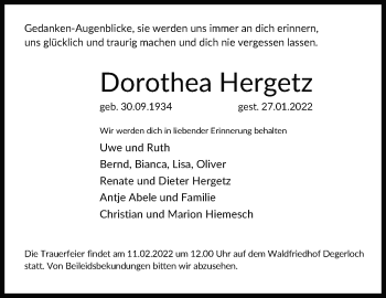 Traueranzeige von Dorothea Hergetz von Stuttgarter Zeitung / Stuttgarter Nachrichten
