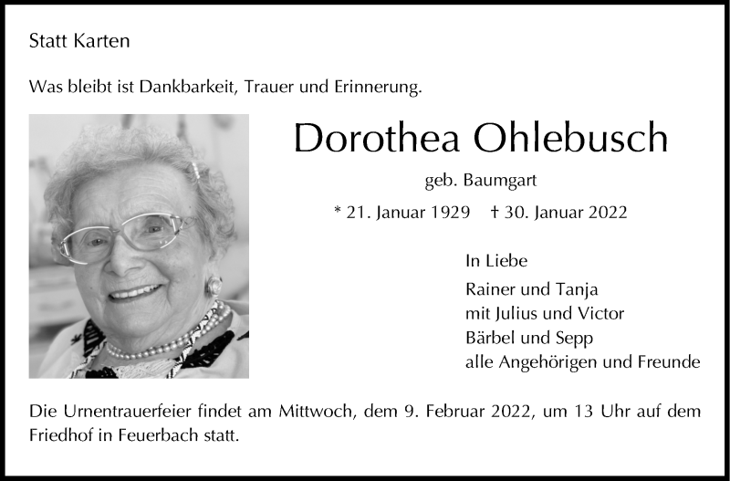  Traueranzeige für Dorothea Ohlebusch vom 05.02.2022 aus Stuttgarter Zeitung / Stuttgarter Nachrichten