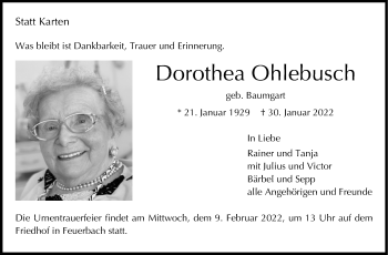 Traueranzeige von Dorothea Ohlebusch von Stuttgarter Zeitung / Stuttgarter Nachrichten