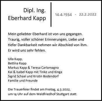 Traueranzeige von Eberhard Kapp von Stuttgarter Zeitung / Stuttgarter Nachrichten
