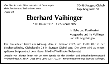 Traueranzeige von Eberhard Vaihinger von Stuttgarter Zeitung / Stuttgarter Nachrichten