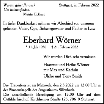 Traueranzeige von Eberhard Wörner von Stuttgarter Zeitung / Stuttgarter Nachrichten