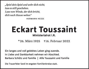 Traueranzeige von Eckart Toussaint von Stuttgarter Zeitung / Stuttgarter Nachrichten