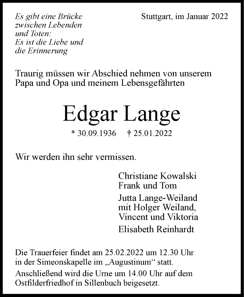  Traueranzeige für Edgar Lange vom 05.02.2022 aus Stuttgarter Zeitung / Stuttgarter Nachrichten