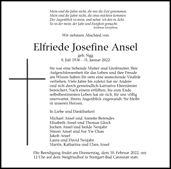 Traueranzeige von Elfriede Josefine Ansel von Stuttgarter Zeitung / Stuttgarter Nachrichten