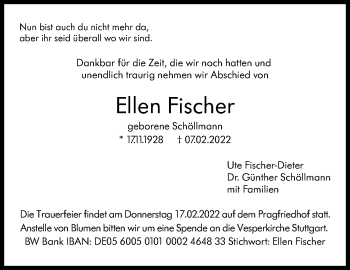 Traueranzeige von Ellen Fischer von Stuttgarter Zeitung / Stuttgarter Nachrichten