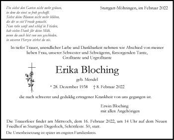 Traueranzeige von Erika Bloching von Stuttgarter Zeitung / Stuttgarter Nachrichten