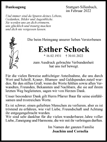 Traueranzeige von Esther Schock von Stuttgarter Zeitung / Stuttgarter Nachrichten
