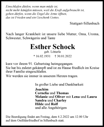 Traueranzeige von Esther Schock von Stuttgarter Zeitung / Stuttgarter Nachrichten