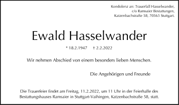 Traueranzeige von Ewald Hasselwander von Stuttgarter Zeitung / Stuttgarter Nachrichten