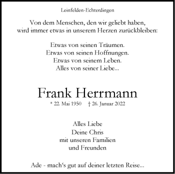 Traueranzeige von Frank Herrmann von Stuttgarter Zeitung / Stuttgarter Nachrichten