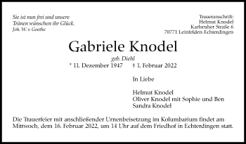Traueranzeige von Gabriele Knodel von Stuttgarter Zeitung / Stuttgarter Nachrichten