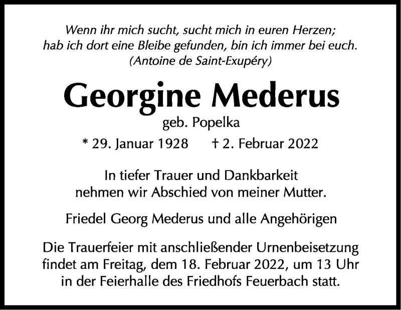  Traueranzeige für Georgine Mederus vom 12.02.2022 aus Stuttgarter Zeitung / Stuttgarter Nachrichten