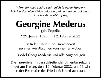 Traueranzeige von Georgine Mederus von Stuttgarter Zeitung / Stuttgarter Nachrichten